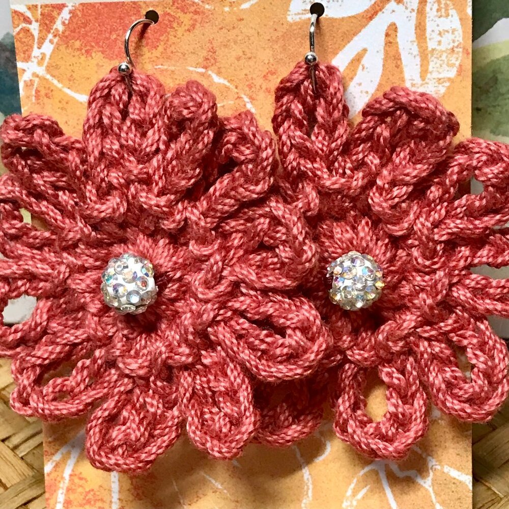 Delicate PINK DAISY EARRINGS Hand Crocheted by Me